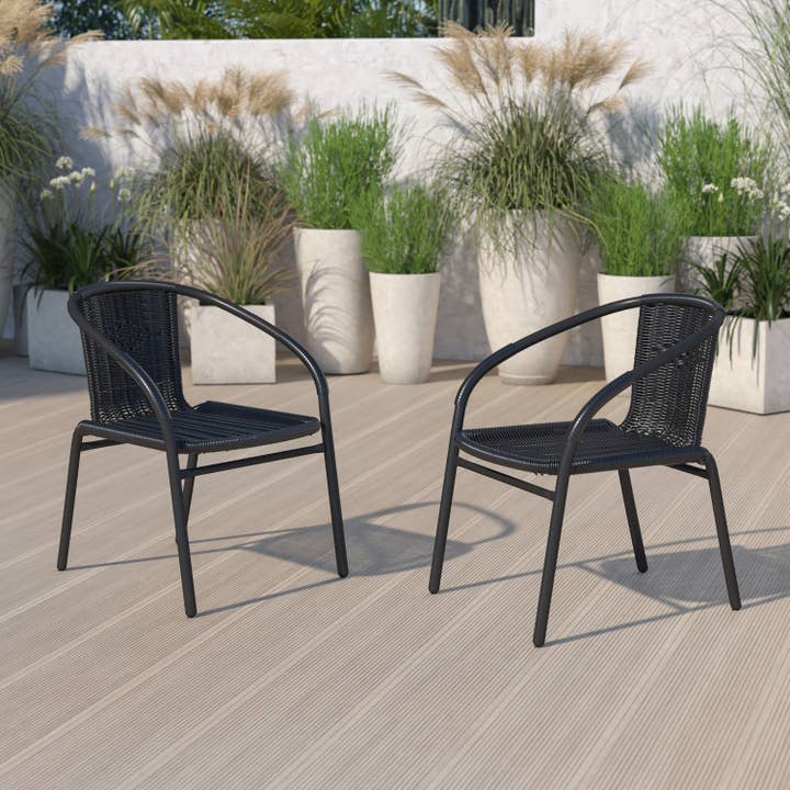 Black Rattan Indoor-Outdoor Restaurant Stack Chair for wholesale on Faire
