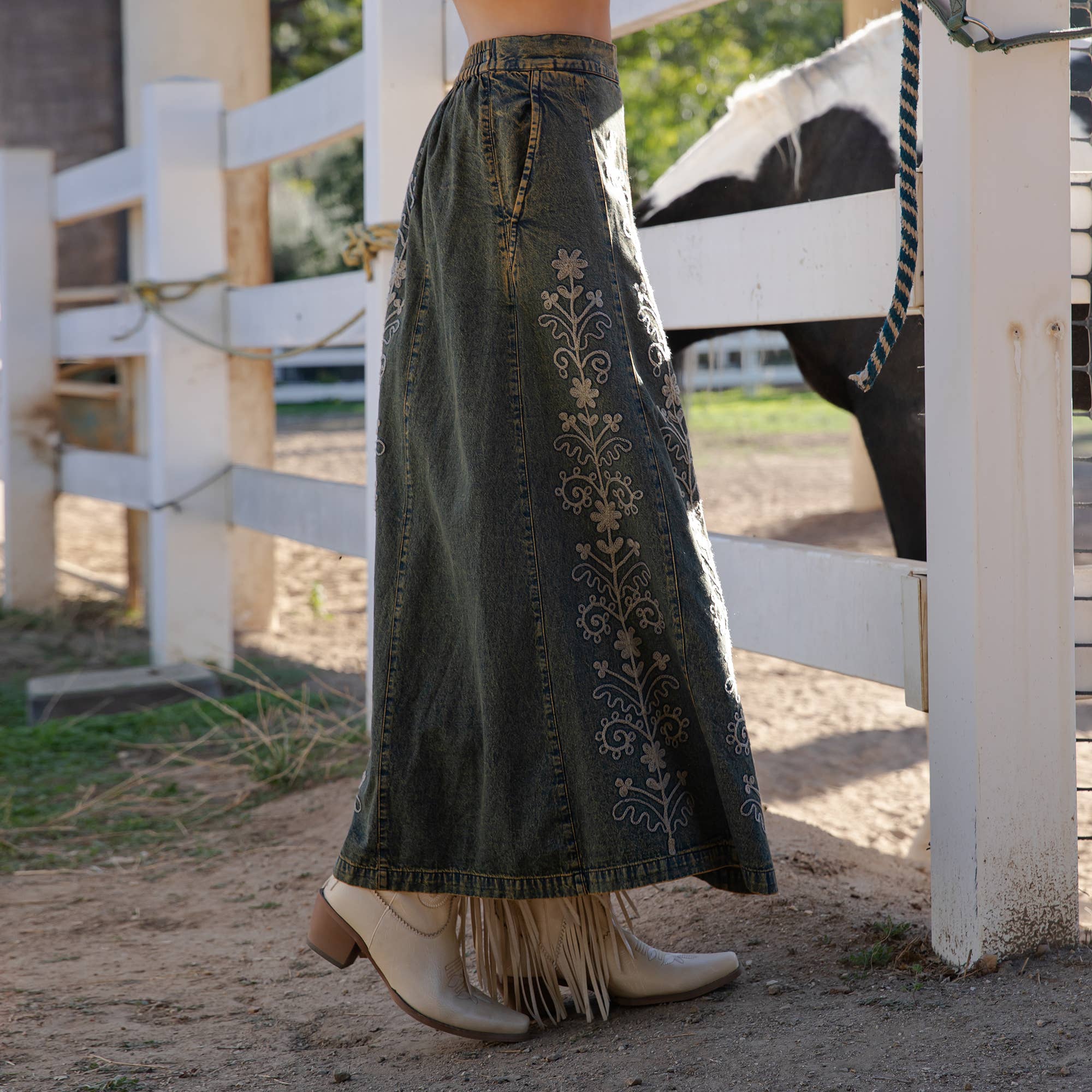 Young Threads - Wholesale Skirt - Women's - Artisan Floral Embroidered Denim Maxi Skirt (NEW)6