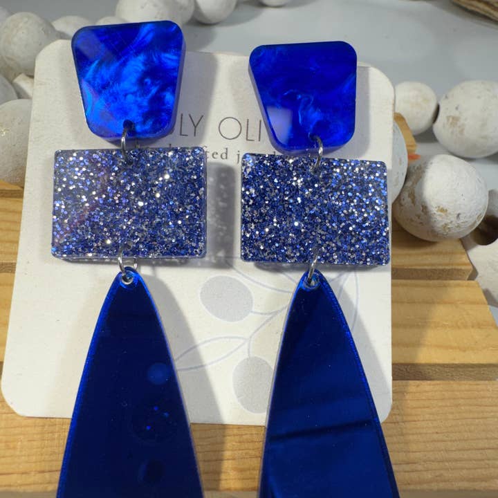 Royal Blue Glitter Glass Holiday Earrings for wholesale by Truly Olive