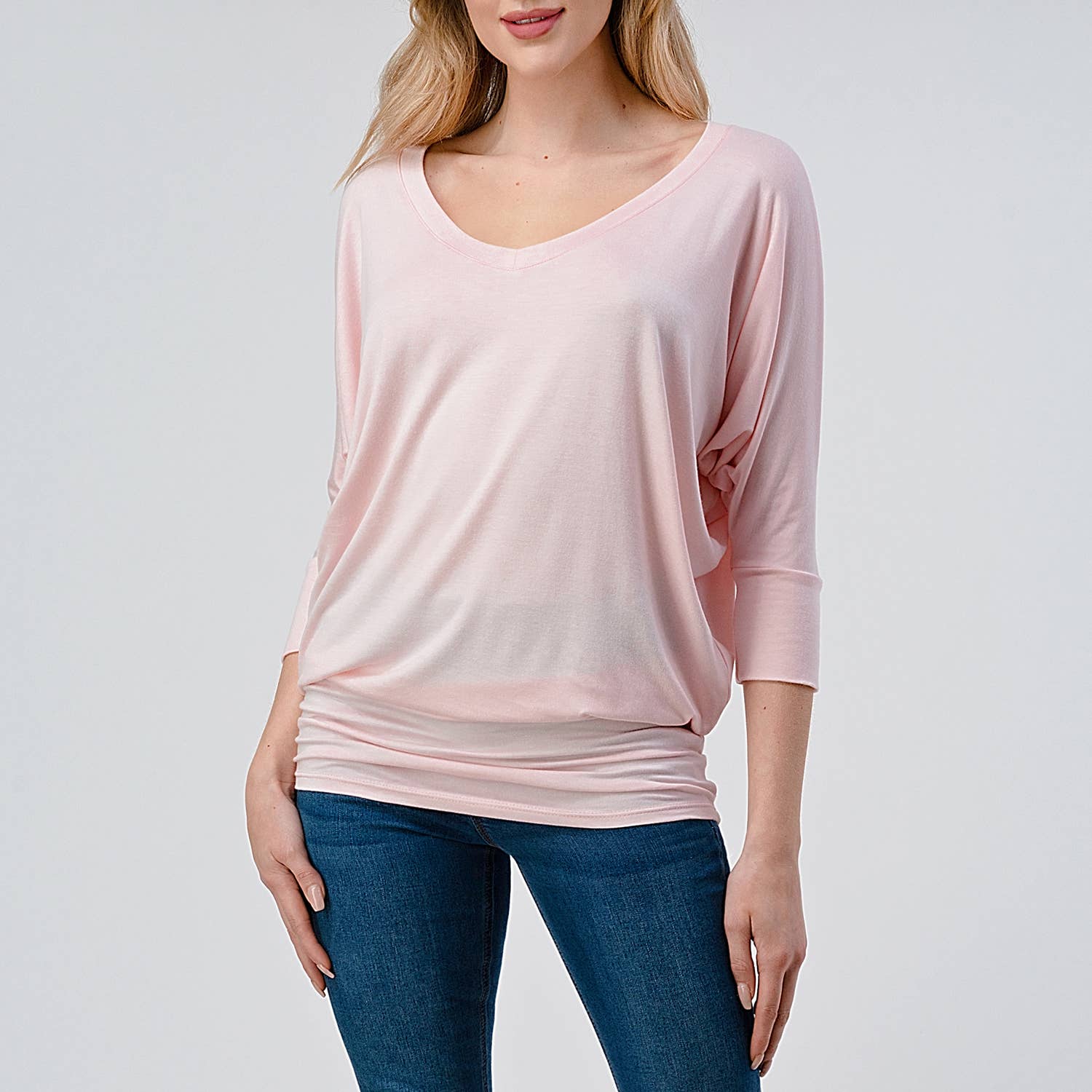 Heimious - Wholesale Knit Top - Women's - 3/4 Dolman Sleeve V-neck Modal Jersey Top, 257399