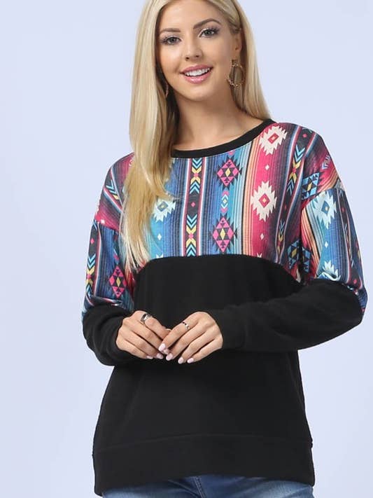 KC040-EDEN SOUTH WEST PRINT COLOR BLOCK PULLOVER for wholesale by Avery