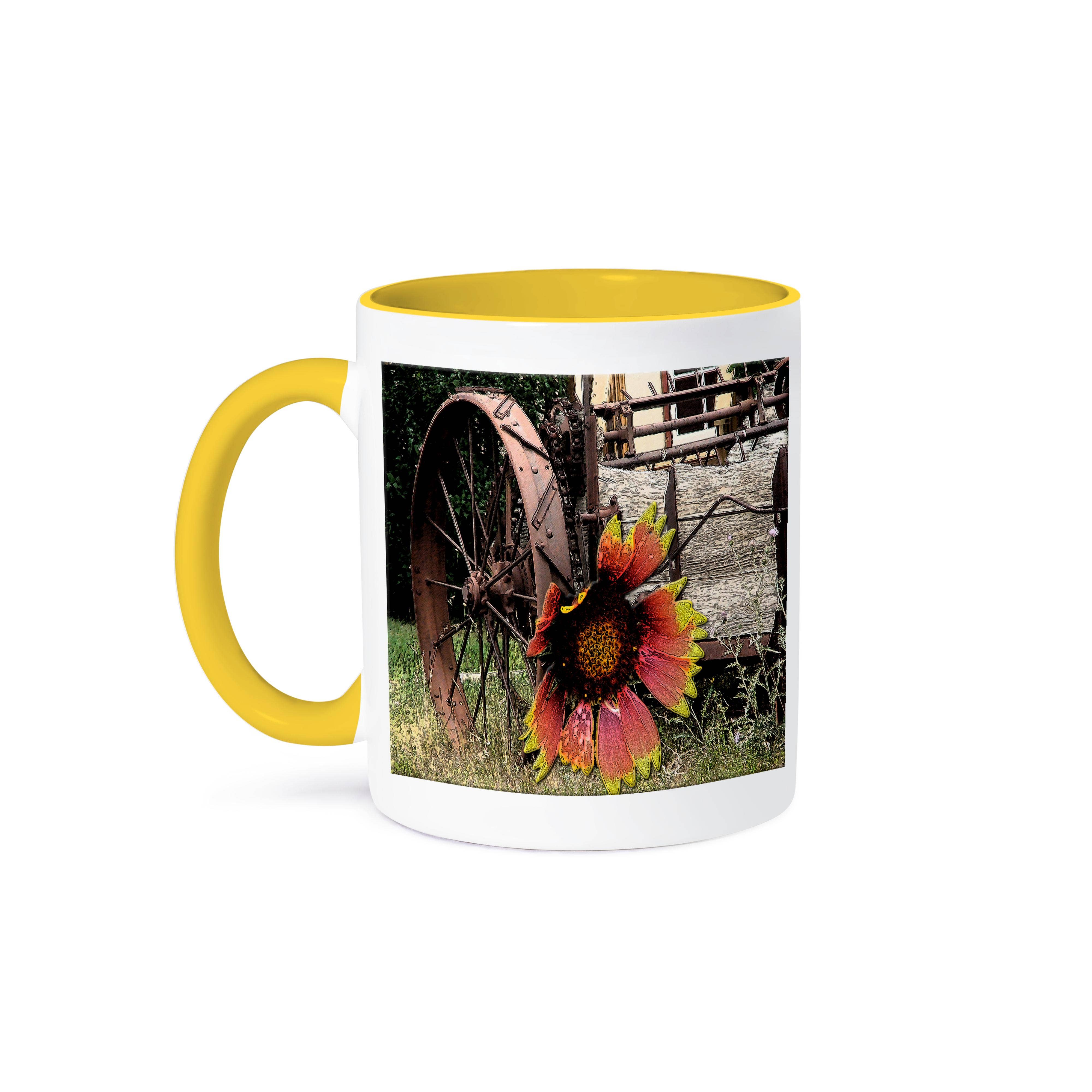 3dRose - Wholesale Coffee Mug - 3dRose, A Wheel from an old Rustic Wagon with a pink and yellow flower on top, Mug0