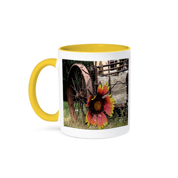 3dRose - Wholesale Coffee Mug - 3dRose, A Wheel from an old Rustic Wagon with a pink and yellow flower on top, Mug