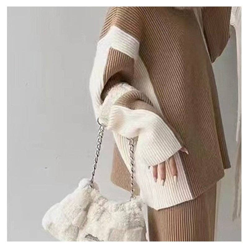 UZ Wholesale Store – wholesale Top & skirt set – Women's – Color Block High Neck Sweater And Skirt Set3