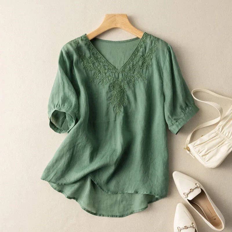 FurDecoration - Wholesale Blouse - Women's - Breathable Loose Fit V-Neck Embroidered T-Shirt3
