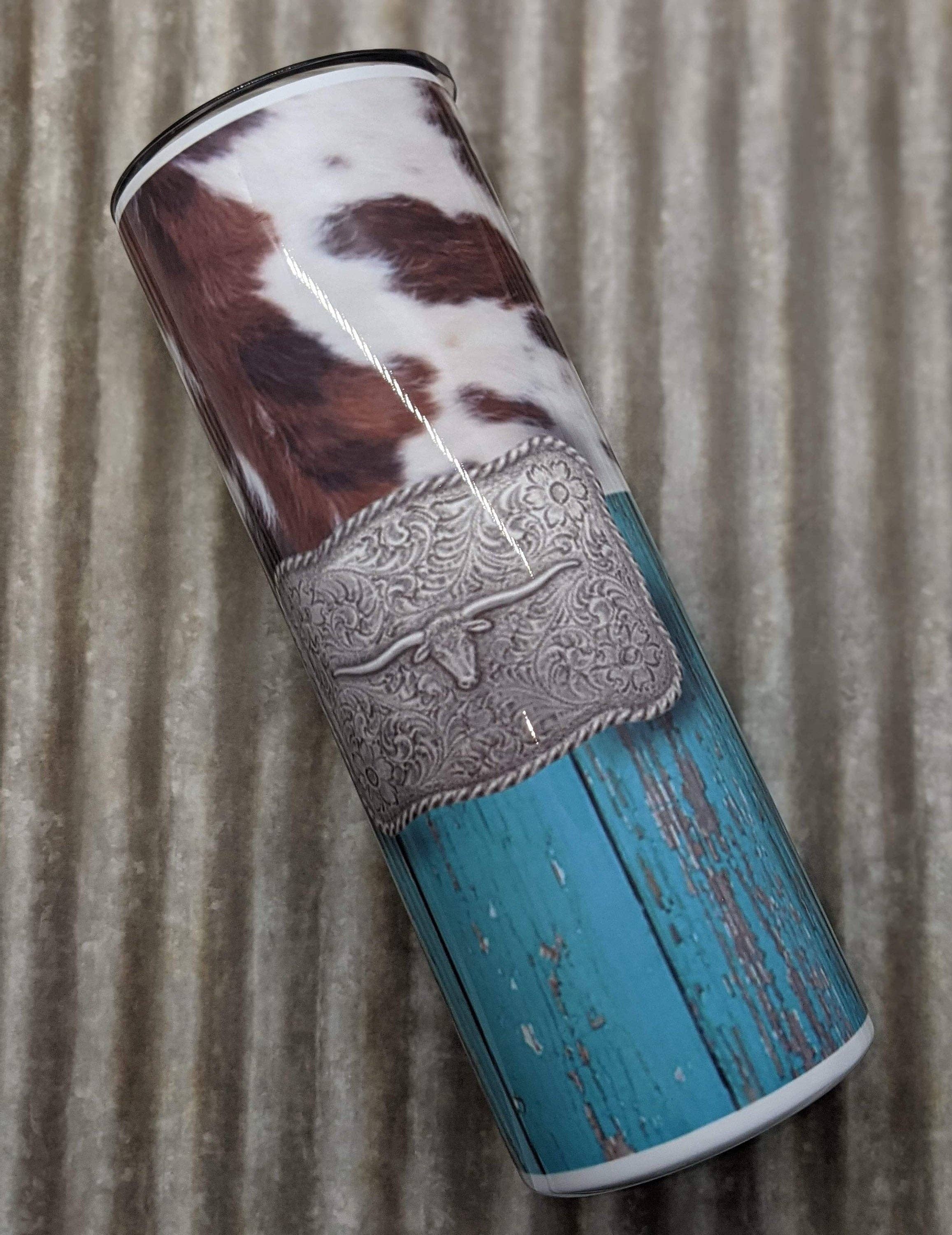 Creations by Trudy - Wholesale Insulated Mug/Tumbler - Tumbler- Cow Print, Buckle, Distressed Teal Wood0