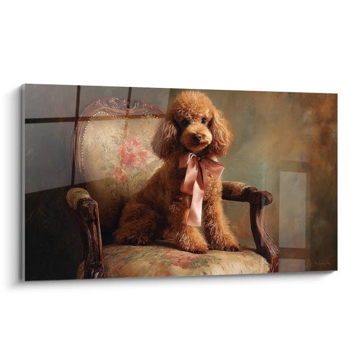 Tableau Caniche Élégant au Nœud Rose sur Fauteuil d'Époque - Portrait Aristocratique - Edition Caniche pour la vente par Walensky