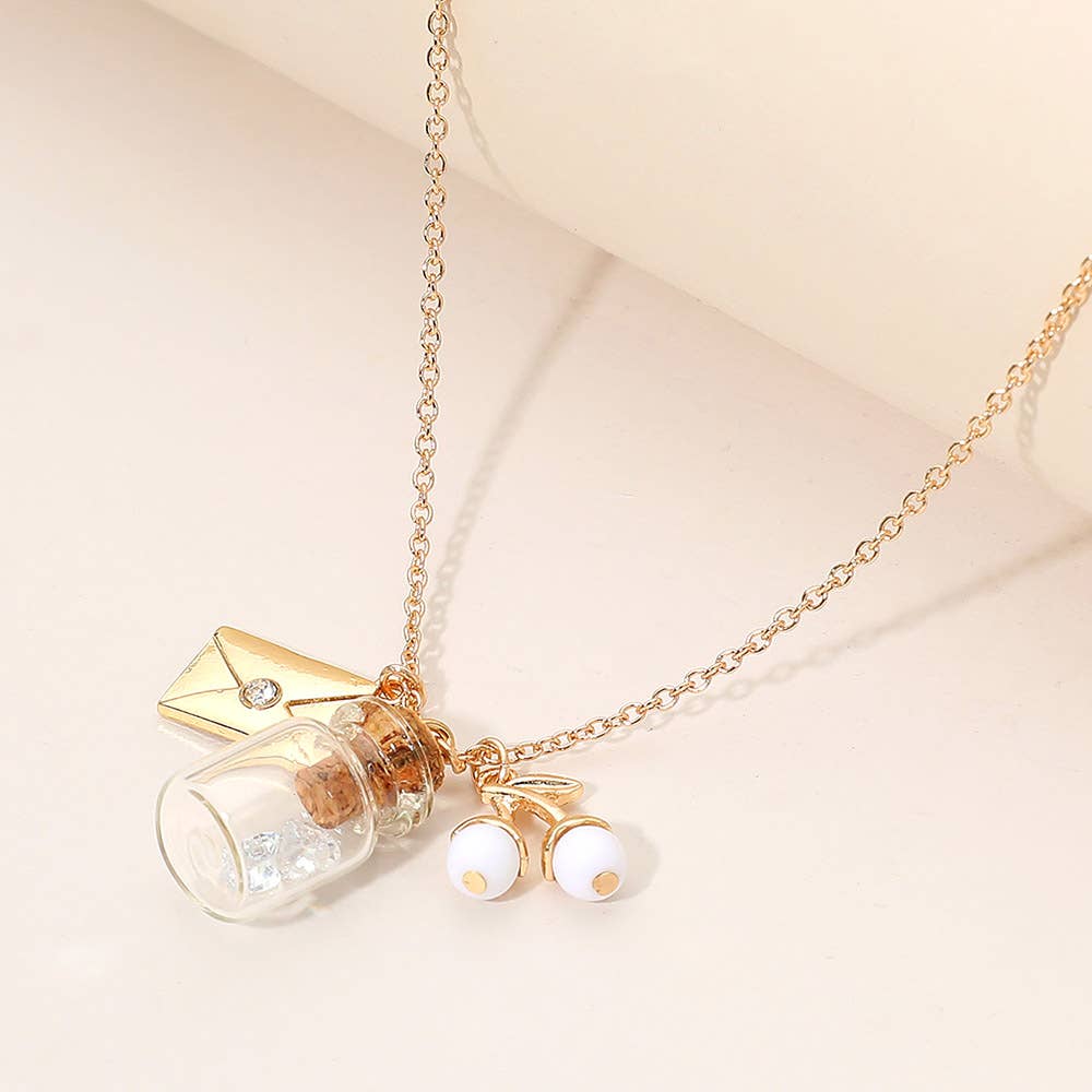 Sensibling Corp. - Wholesale Pendant/Charm Necklace - Whimsical Glass Bottle Envelope Cherry Charm Pendant Necklace0