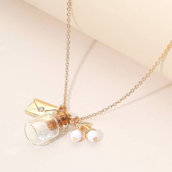Sensibling Corp. - Wholesale Pendant/Charm Necklace - Whimsical Glass Bottle Envelope Cherry Charm Pendant Necklace