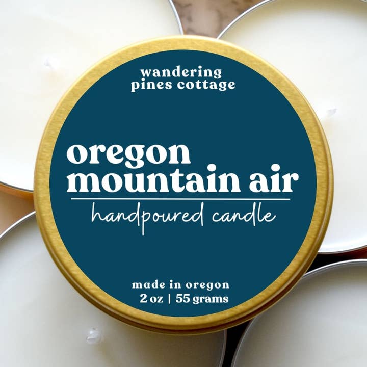 Oregon Mountain Air - 2 oz Gold Tin Travel Candle for wholesale by Wandering Pines Cottage