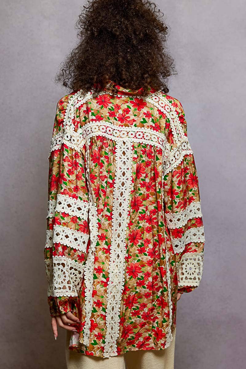 Pol Clothing - Wholesale Button Down Shirt - Women's - Balloon Sleeve Trim See-through Floral Printed Shirt Top8