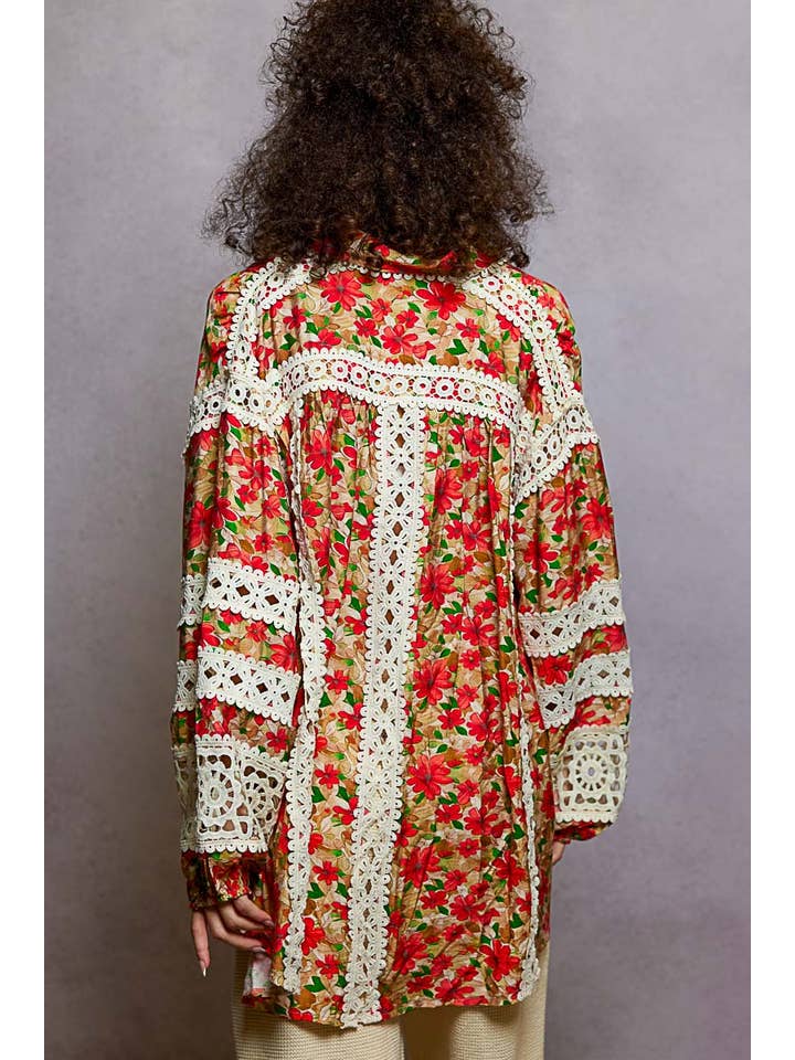 Pol Clothing - Wholesale Button Down Shirt - Women's - Balloon Sleeve Trim See-through Floral Printed Shirt Top8