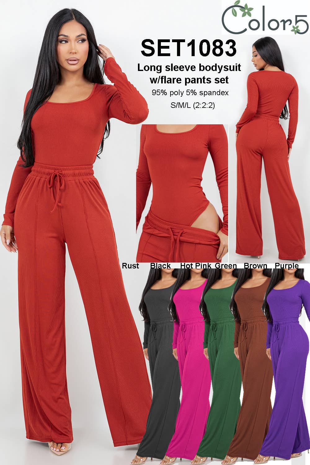 Color 5 - Wholesale Top & Pant Set (NOT Loungewear) - Women's - Long sleeve slinky bodysuit with matching flare pants set 11
