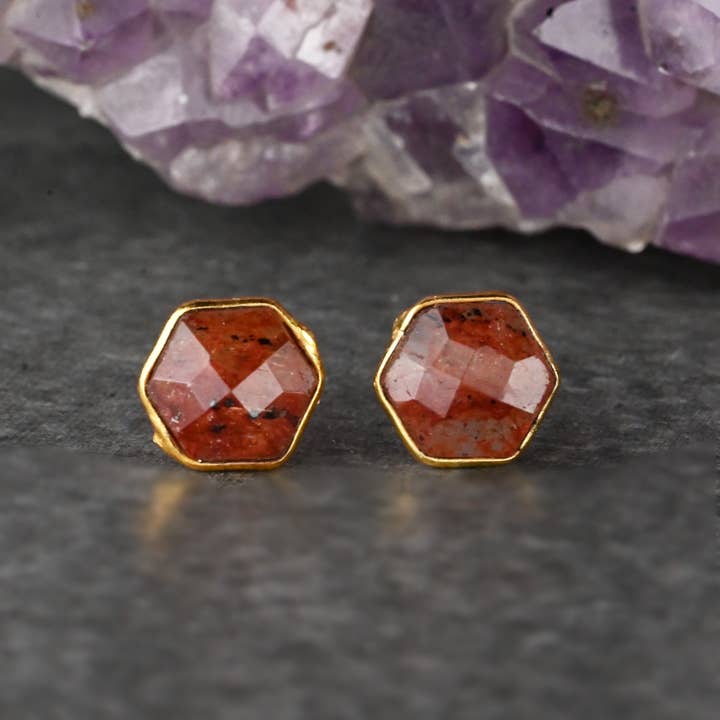 KBD Studio - Wholesale Stud/Post Earrings - Semi Precious Hexagon Gemstone Studs (8mm gold)10