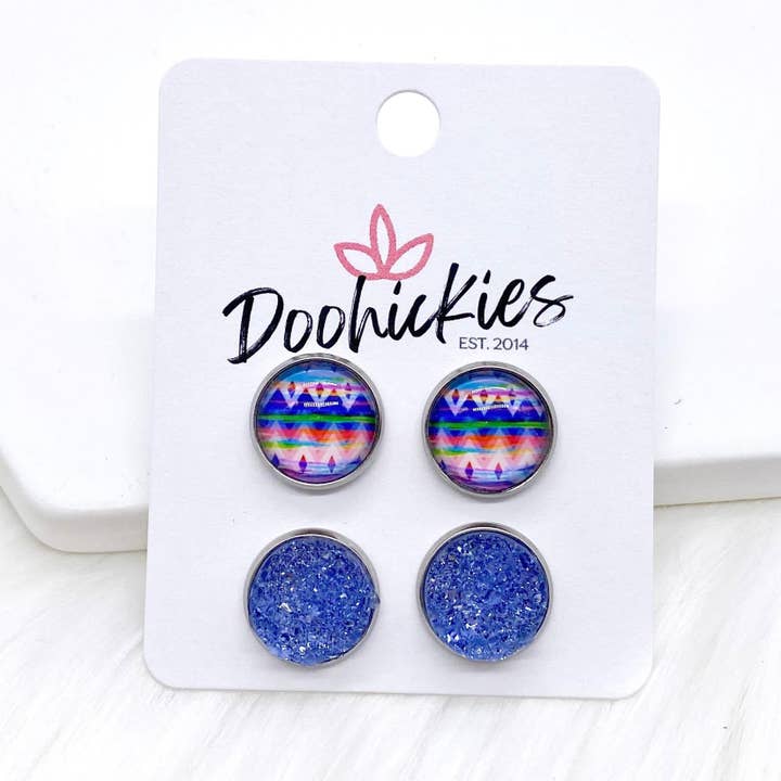 12mm Spring Aztec & Orchid Sparkles in Stainless Steel Settings -Earrings for wholesale by Doohickies