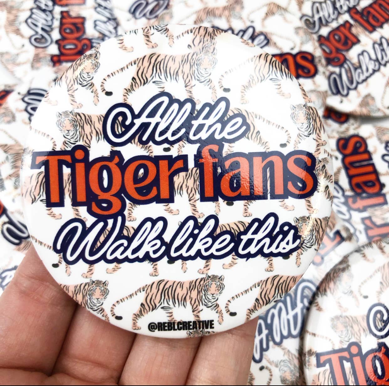 REBL Creative - Wholesale Lapel Pin/Button - Tiger Fans Walk - Orange & Navy - Game Day Button3