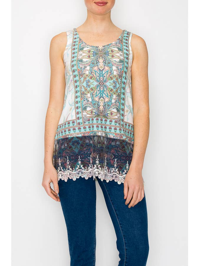 TURQ TANK TOP WITH LACE TRIMMING LAYER-T08 IV-TURQ for wholesale on Faire