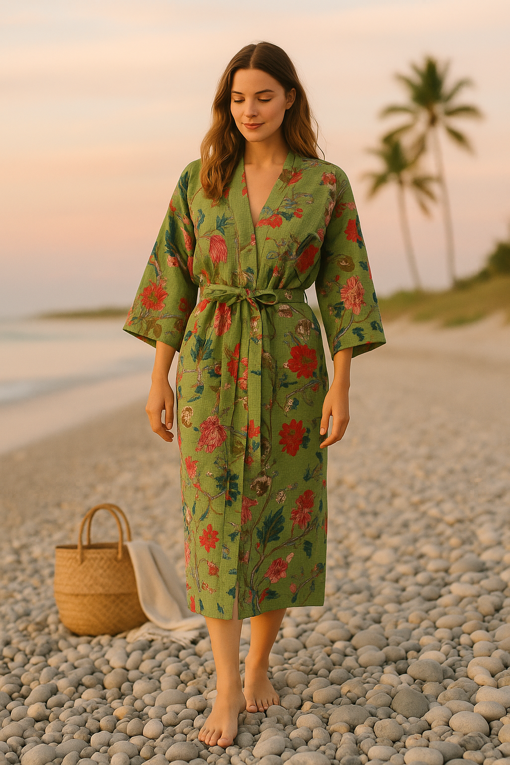 Glamthread - Vendita all'ingrosso Vestaglia - Donna - Kimono in Cotone Verde a Fiori | Abbigliamento da Casa e Copertura da Viaggio in Tessuto a Nido d'Ape4