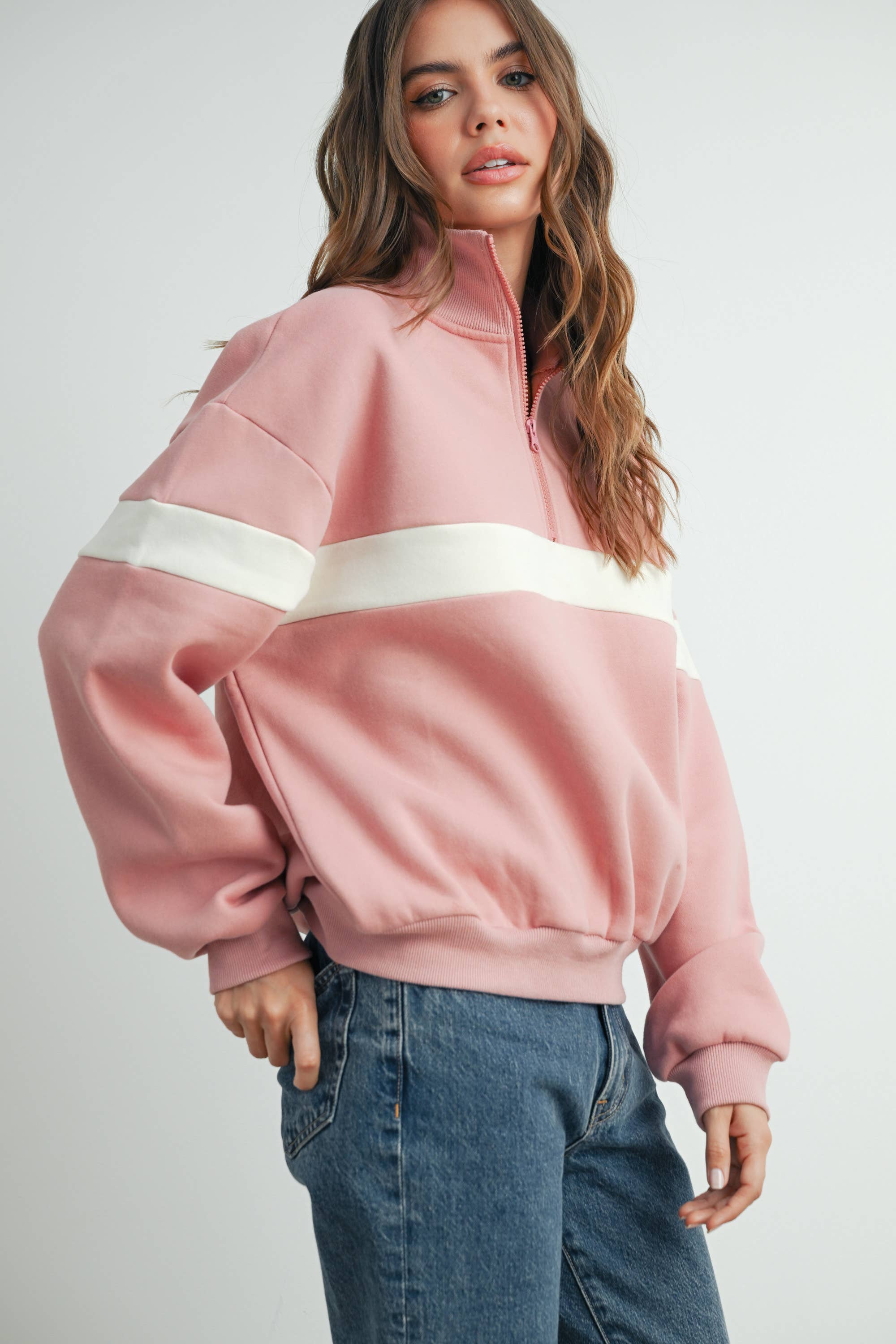 BUTTERMELON - Wholesale Sweatshirt - Women's - Two-Toned Half Zip Collar Sweatshirt - BMT753532