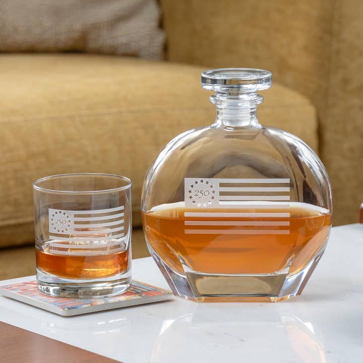America250™ Betsy Ross Flag 3 Piece Gift Set | Whiskey Decanter and Rocks Glasses for wholesale by Rolf Glass