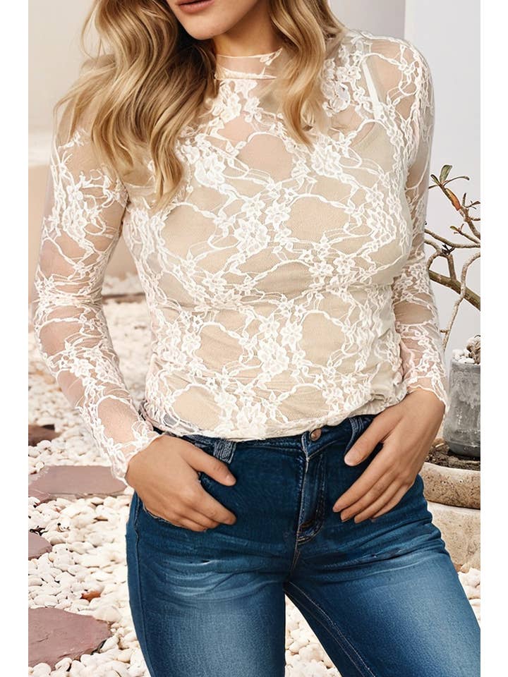 Blanc Haut à manches longues ajusté en maille de dentelle transparente à col montant LDC en vente sur Faire2