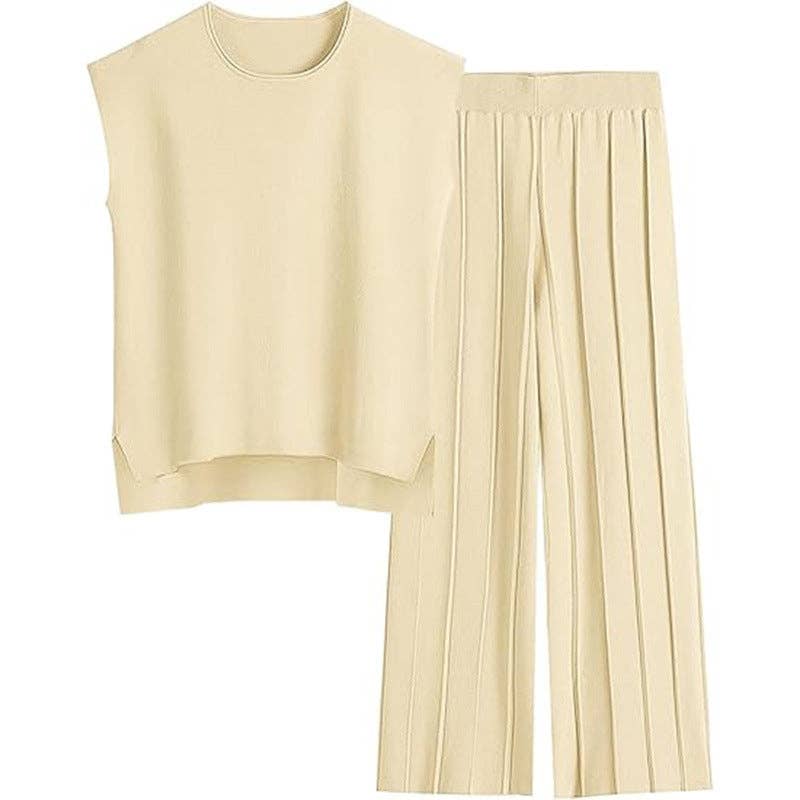 Masyal - Wholesale Top & Pant Set (NOT Loungewear) - Women's - Women's Casual Knitted Two-Piece Wide-Leg Suit5