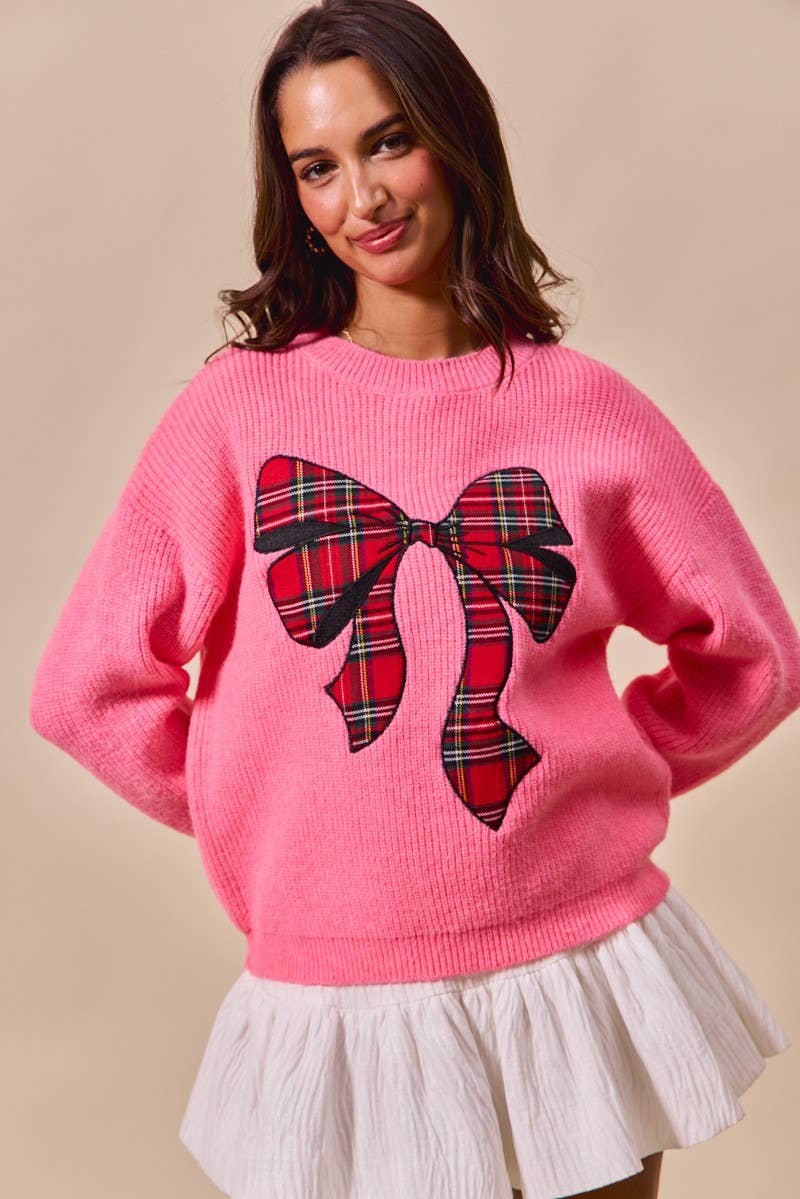 IVE - Wholesale Knit Sweater - Women's - Checker Plaid Ribbon Christmas Holiday Sweater Top9