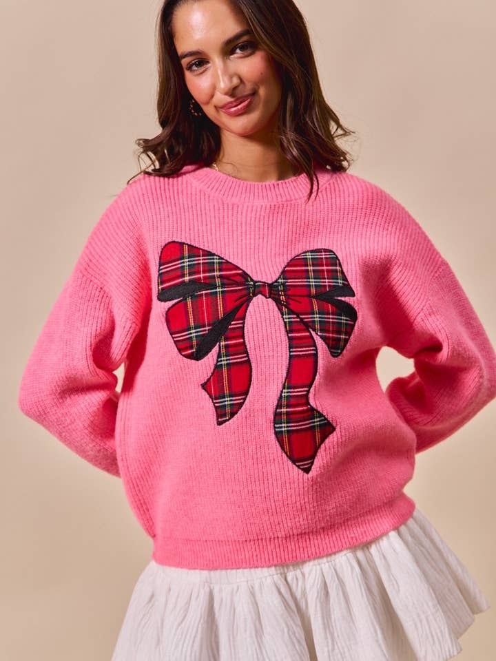 IVE - Wholesale Knit Sweater - Women's - Checker Plaid Ribbon Christmas Holiday Sweater Top9