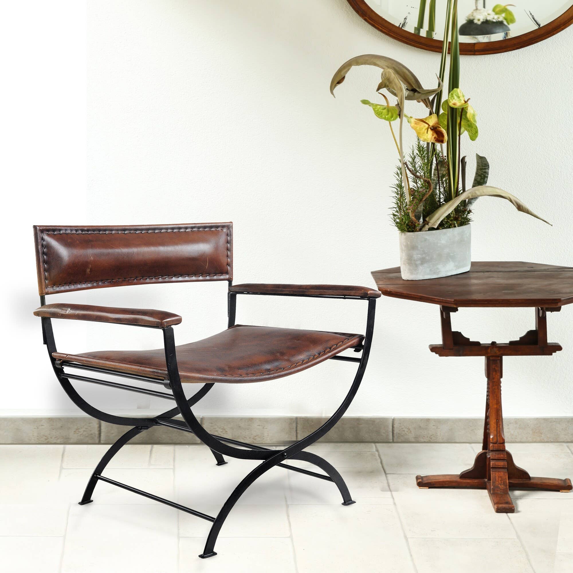 LR Home - Wholesale Chair - Hand-Made Brown Leather Iron Base Director Accent Chair4