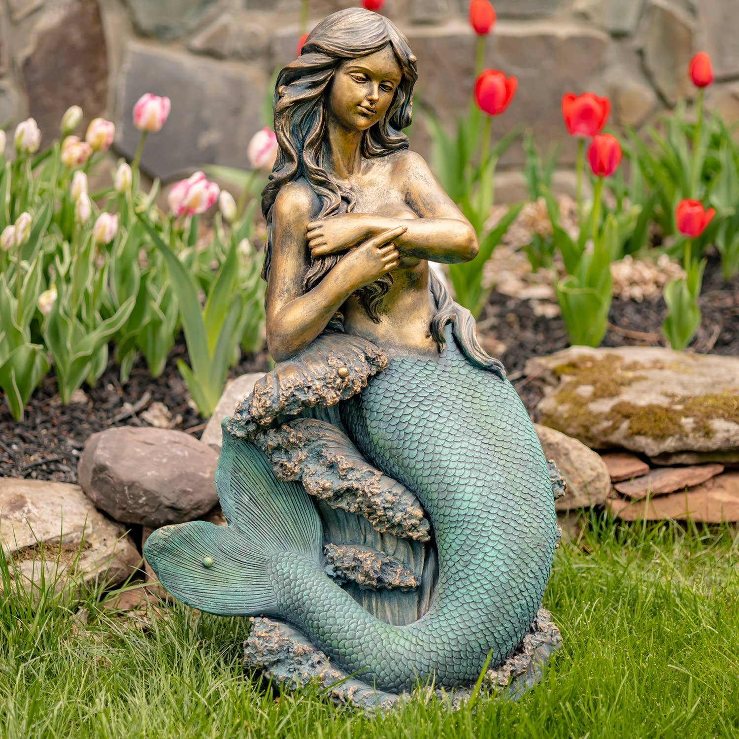 Zaer Ltd. International - Wholesale Outdoor Ornament/Decor - 34" Tall Mermaid Sitting on Rock Garden Statue "Dezlynn"0