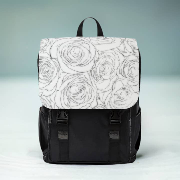 lässiger Unisex-Schulterrucksack mit Blumenmotiv in Weiß und Rosa für den Großhandel von Los Angeles Mercantile™