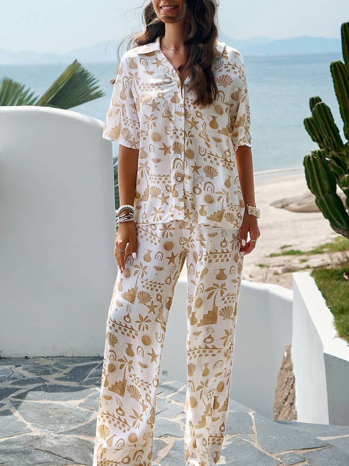 CWSTB0340_Ensemble de pantalons longs boutonnés à col en V à imprimé slv pour la vente par NINEXIS