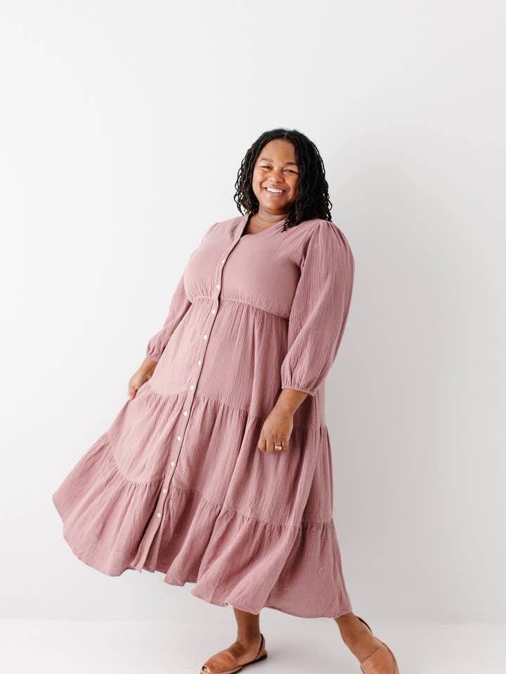 Dusty Mauve 'Louisa' Button Down Tiered Cotton Gauze Midi Dress for wholesale on Faire1