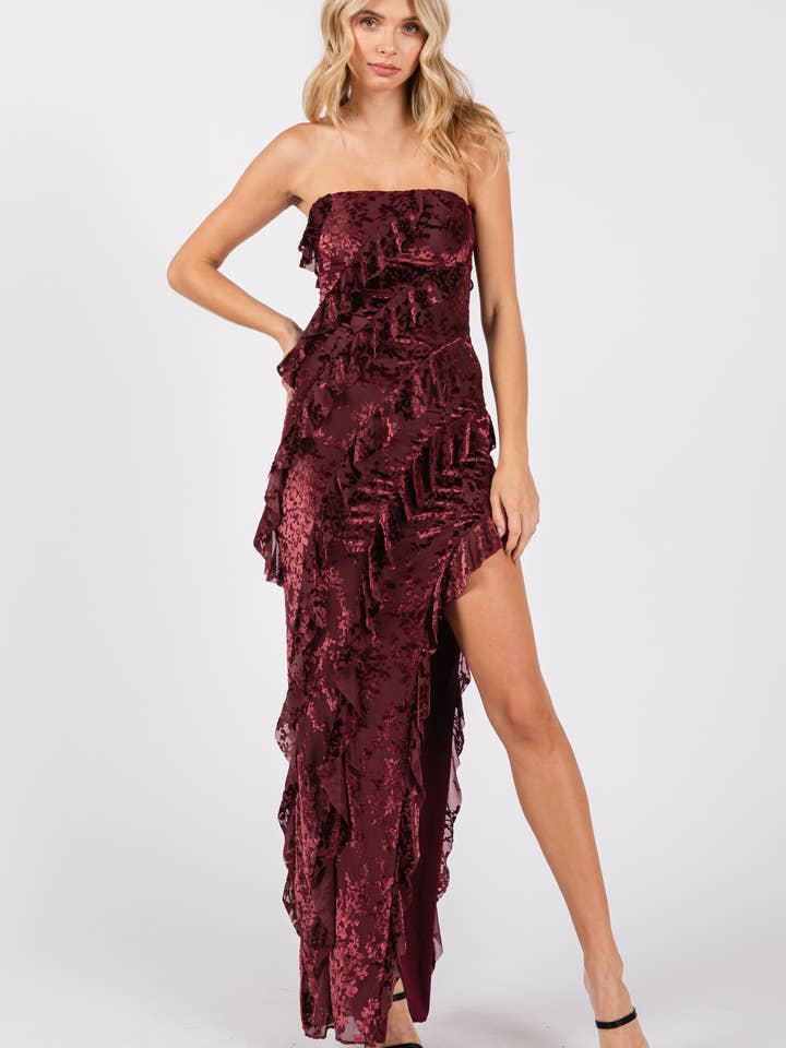 VELVET FLORAL PRINT MESH RUFFLED LONG DRESS for wholesale by The vintage shop