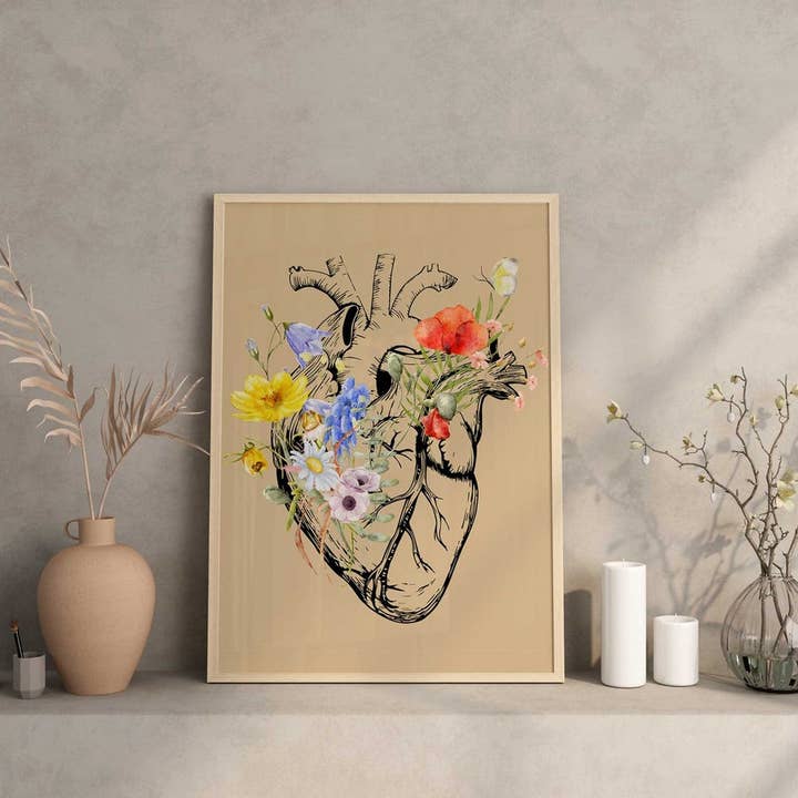DiviArts Studio – wholesale Konsttryck – Hjärtanatomi Väggkonst, Mänskligt hjärta med blommor