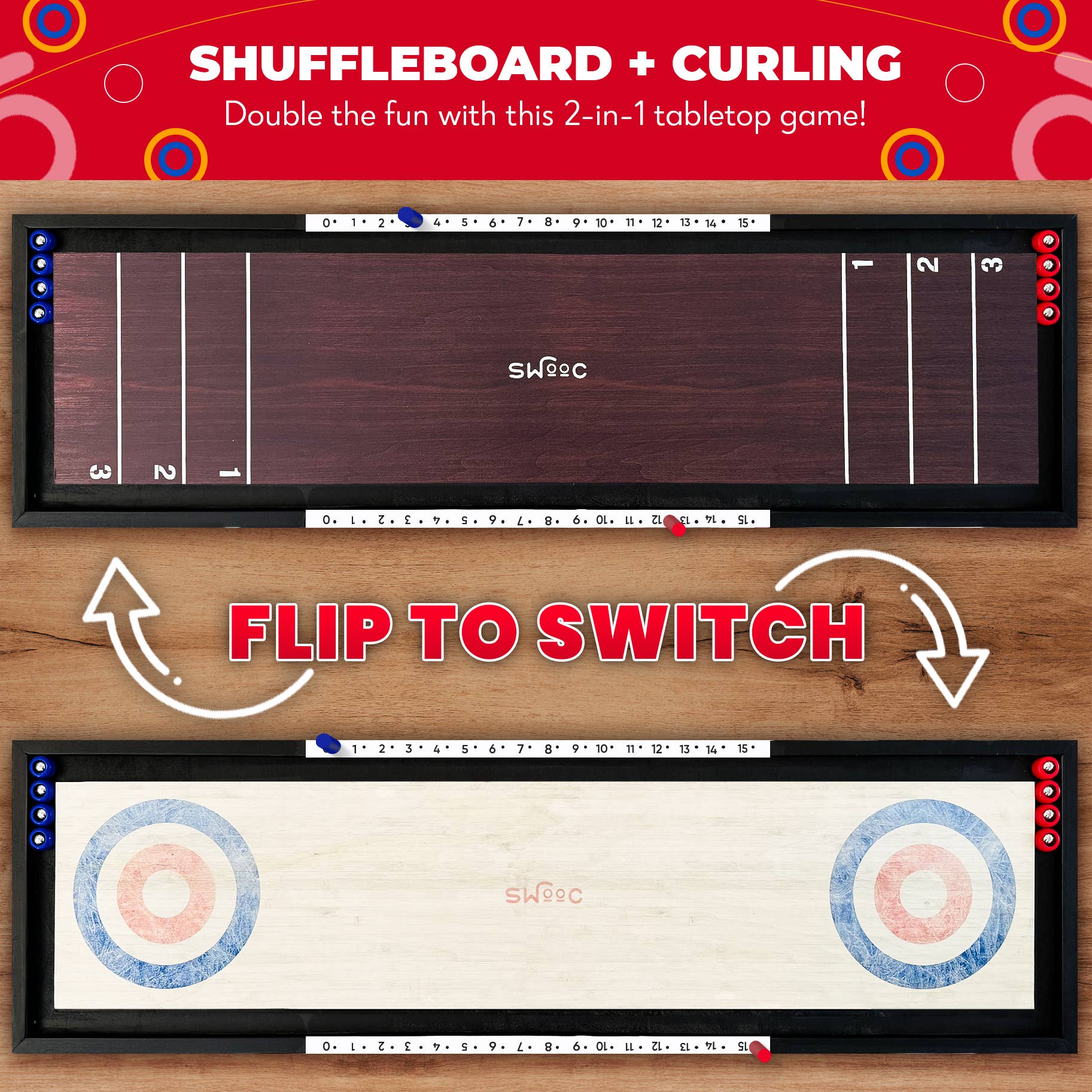 Swooc Games - Wholesale Board Game - 2-in-1 Premium Shuffleboard and Curling Game1
