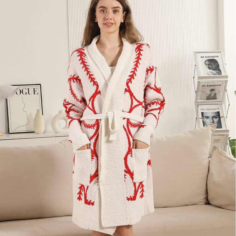 ROUGE Peignoir doux à motif de baseball avec poches avant en vente sur Faire4