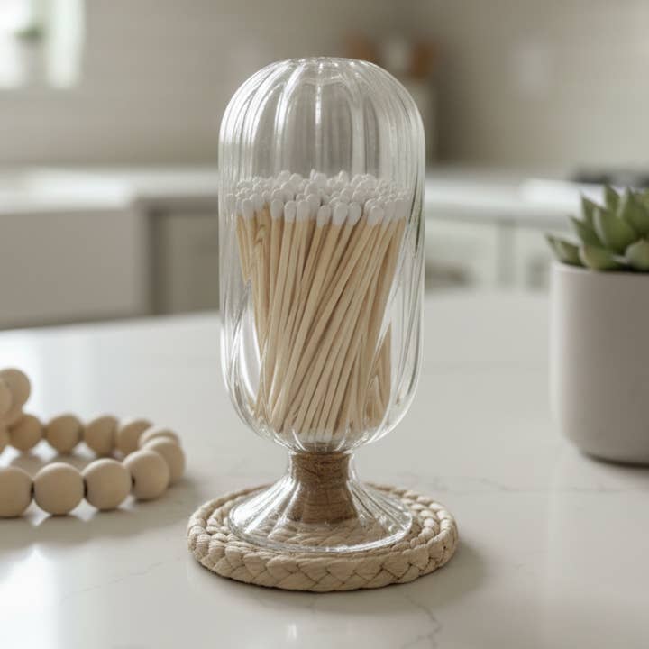 Cloche Match Holder with White-Tip Matches – Clear Swirl Glass Vessel with Side Striker for wholesale by The Scented Market