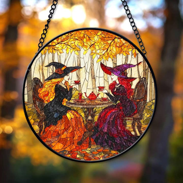 Halloween Witch Drink Tea Garden Stained Glass Suncatcher for wholesale by TMLECOM LTD