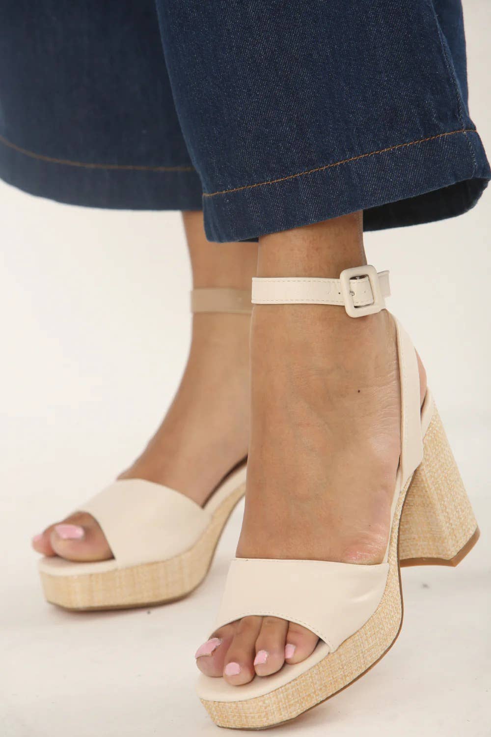 CREAM LOW PLATFORM RAFFIA BLOCK HEELS for wholesale on Faire2
