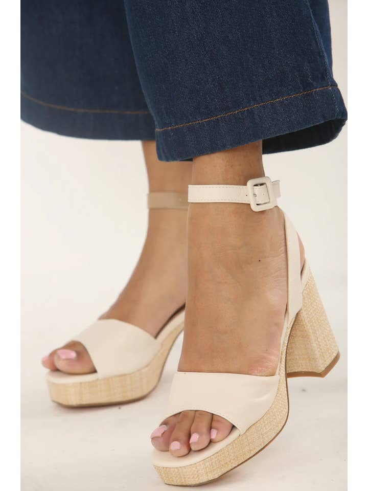 CREAM LOW PLATFORM RAFFIA BLOCK HEELS for wholesale on Faire2