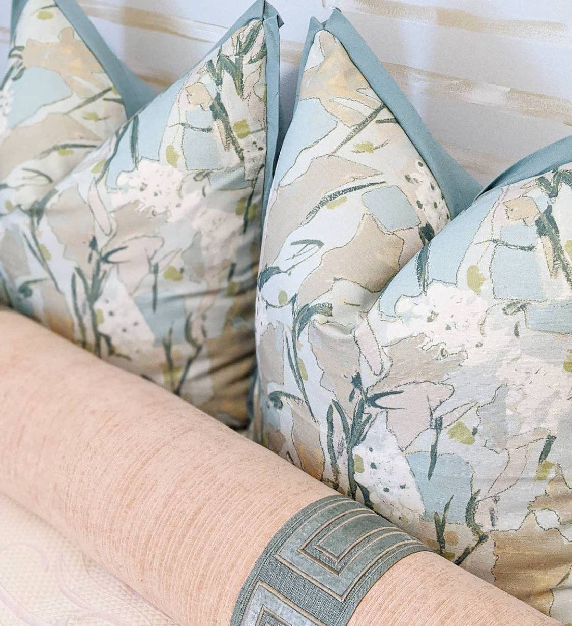 Wheaton Whaley Home - Wholesale Throw/Decorative Pillow - WWH Fave - Bobos are Blooming in Seafoam with Contrast flange0