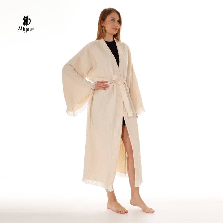 Beige Bohemian Cotton Plain Kaftan Kimono with Fringes for wholesale on Faire