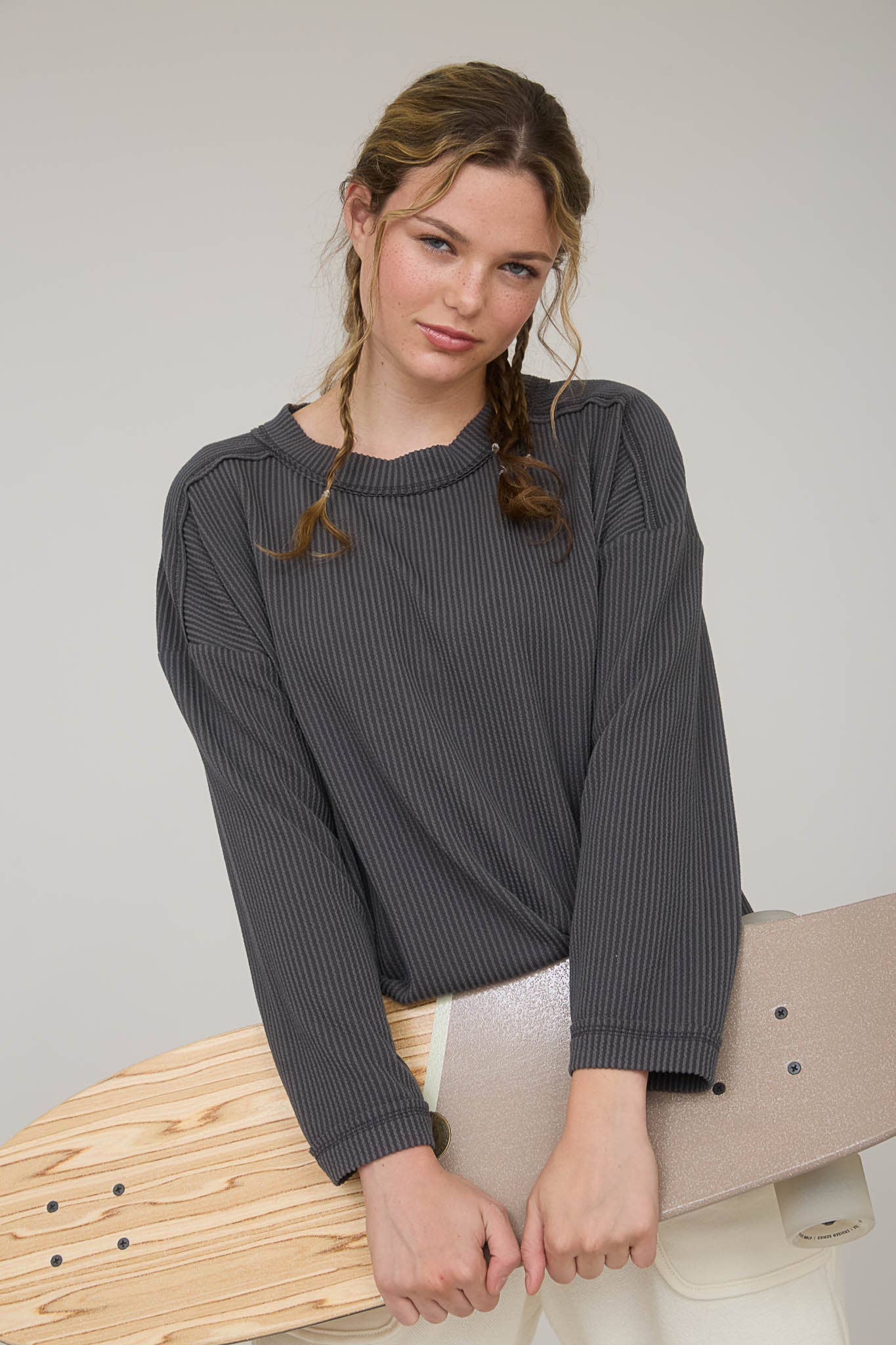 J.O.A - Wholesale Knit Top - Women's - CREW NECK RIBBED LONG SLEEVE KNIT TOP4