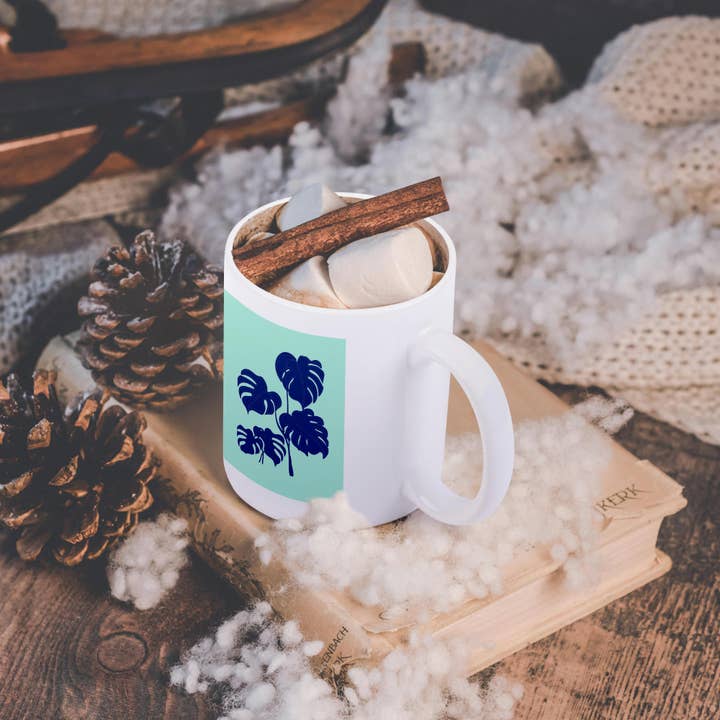 3dRose - Wholesale Coffee Mug - 3dRose, Blue Monstera Swiss Cheese Plant Cut Out Style on Blue, Mug11