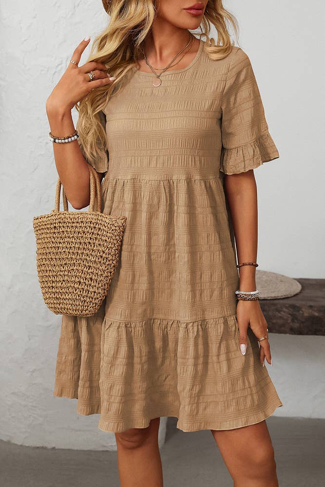 UNISHE – Vestido - Mulher por atacado – Vestido Fluido de Cor Sólida com Manga Curta Solta MD1619