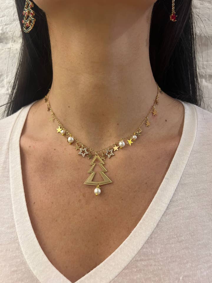 Collana natalizia con ciondoli stelle e albero di Natale in metallo dorato e perle decorative per la vendita all'ingrosso da parte di DITTA Alessandra Avallone