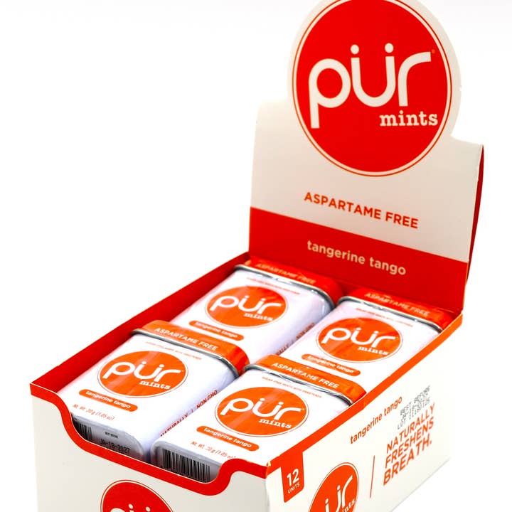 PUR Mints Tangerine Tango 1.05oz Tin, 12ct Box for wholesale by Grandpa Joe's Candy Shop