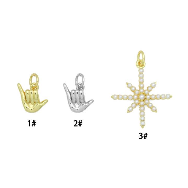 Gold Silver Shaka Hand Gesture Pearl North Star Pendant charm, Sku#A511 for wholesale by BestBeads&Beyond