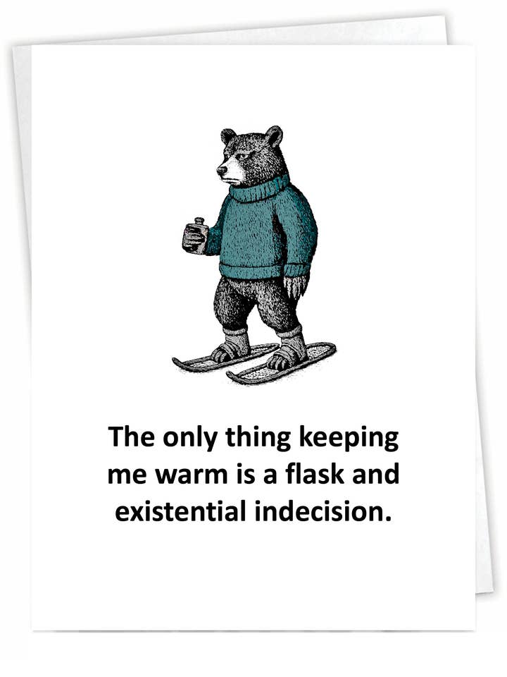 Funny Outdoor Card- Snowshoeing Bear Flask - Blank Inside for wholesale by Blue Spark Card Co